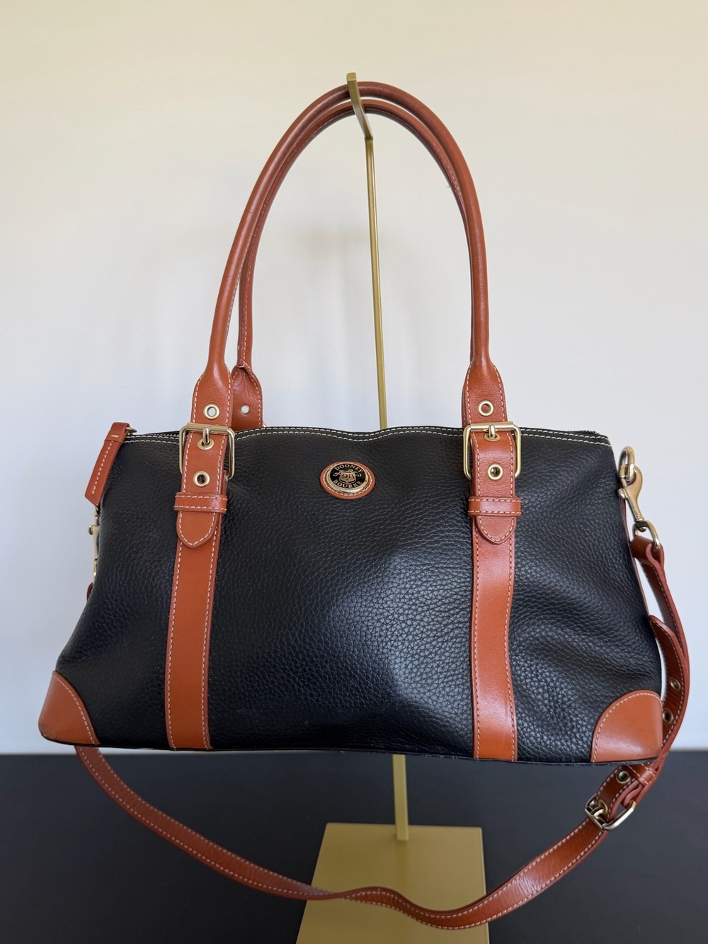 Dooney & Bourke Black Pebbled Leather Cognac Satchel Shoulder Bag